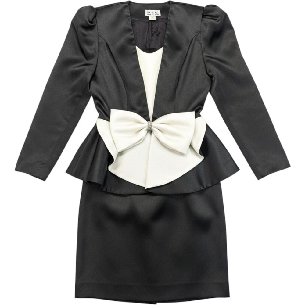 R&K Evenings Vintage Black White Satin Peplum Skirt Suit Rhinestone Bow Size 10